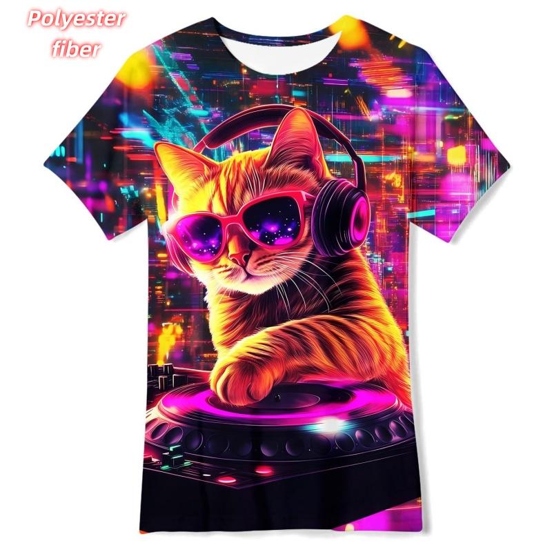 3D Printed Colorful Geometry T-Shirt For Men Music Cat Pattern Tees Summer Street Casual Short Sleeve Tops Loose O-Neck T Shirts