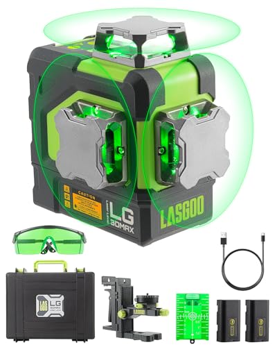 LasGoo LG-3DMAX 3x360° Green Laser Level, 3D Self-Leveling Cross Line Laser, Two Rechargeable Lithium Batteries, Fine-Tuning Bracket Adapter, Green La