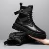 High -Top Motorcycle Tooling Boots Mid -Top Leather Boots Winter Plus Velvet Autumn Shoes Solid Color Men Waterproof British Style
