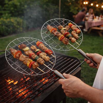 Roasting Rack Stainless Steel BBQ Grill Net Round with Handle BBQ Mesh Multi-functional Non-Stick Wire Roaster Outdoor Cooking