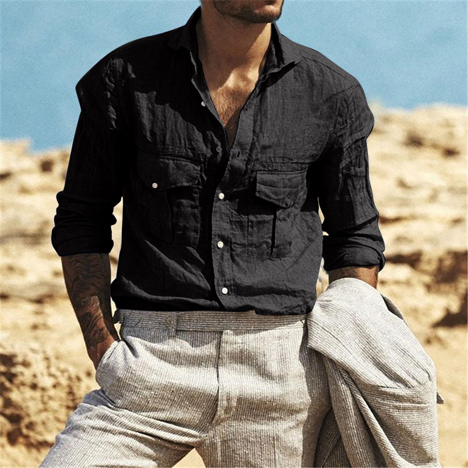 

Men s Fashion Casual Long Sleeve Cotton Linen Color T-shirt Top Blouse XXL чёрный