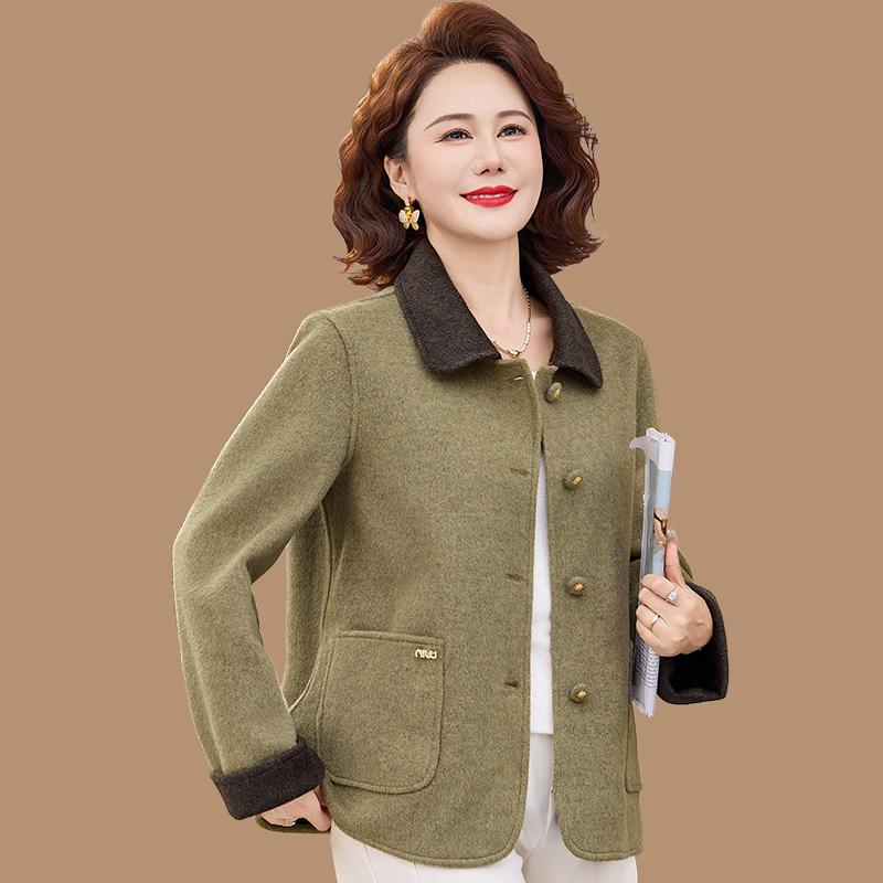 Mom's Spring Woolen Double-Sided Coat: Elegant, Mid-Aged Women's Loose Lapel Top for Spring/Autumn