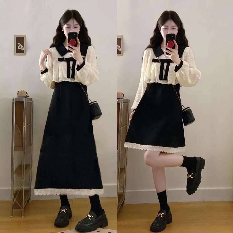 

Plus Size French Doll Collar Bowknot Dress for Women - Spring/Autumn Slimming A-line Skirt 4XL