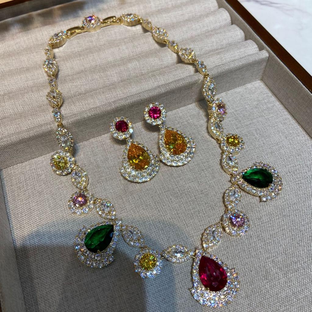 Luxury Internet Celebrity Color Zircon Light Luxury Full Diamond Earrings Women Pendant Necklace Set Jewelry
