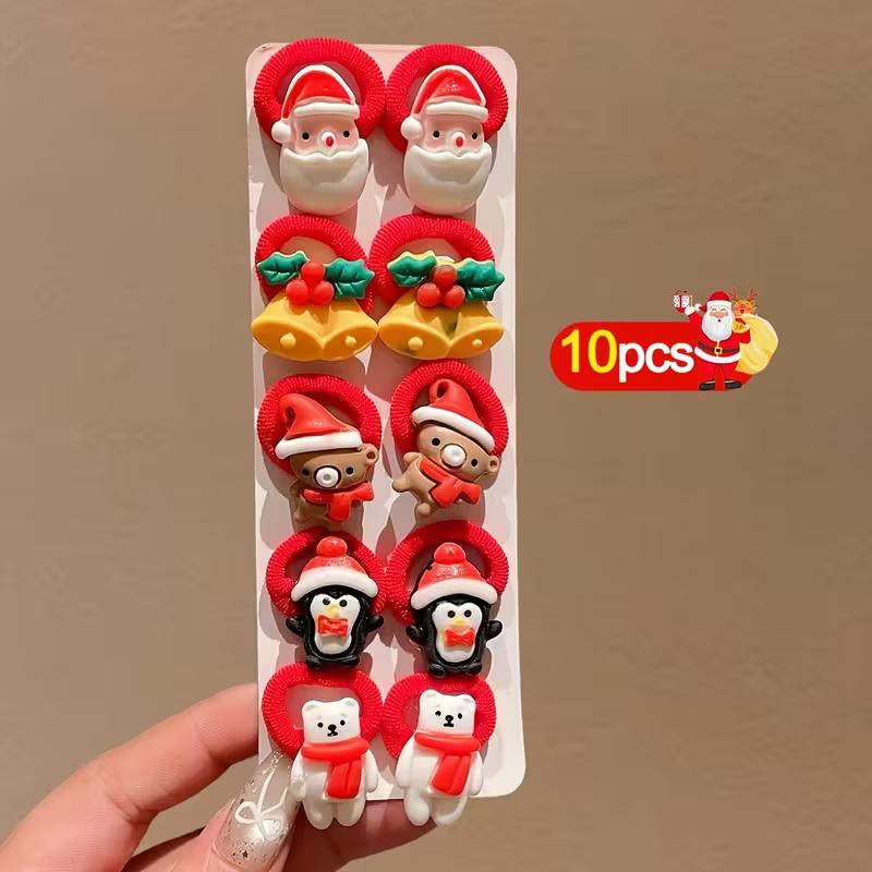 10PCS Kids Girls Christmas Hair Ties Cute Santa Claus Reindeer Design Festive Hair Accessories Holiday Parties Decorations
