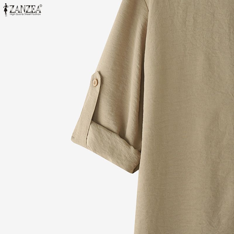 ZANZEA Damen-Kleid, locker, lässig, Umlegekragen, langärmelig, langes Hemdkleid