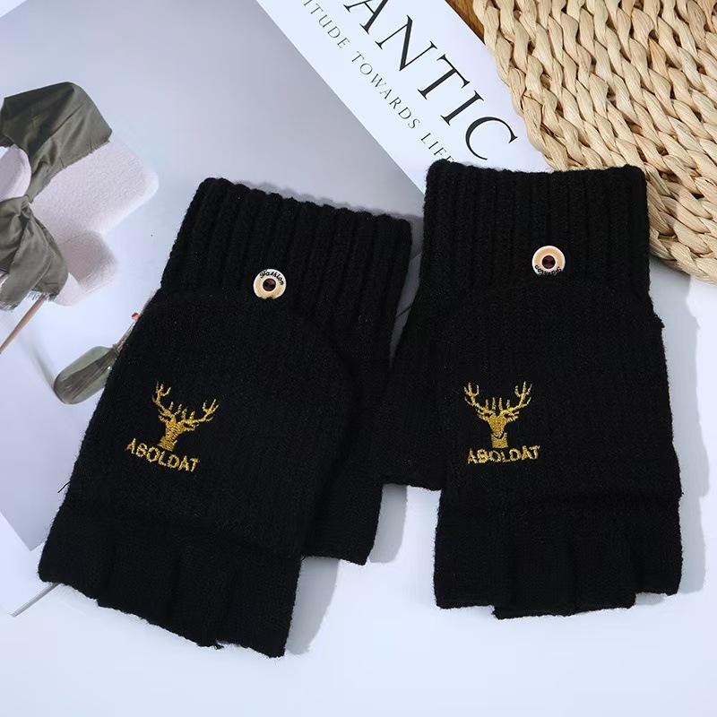 Winter Knitted Gloves Men's Half-finger Outdoor Cycling Plus Velvet Warm Embroidered Antlers Touch Screen Half-finger Flip Cover