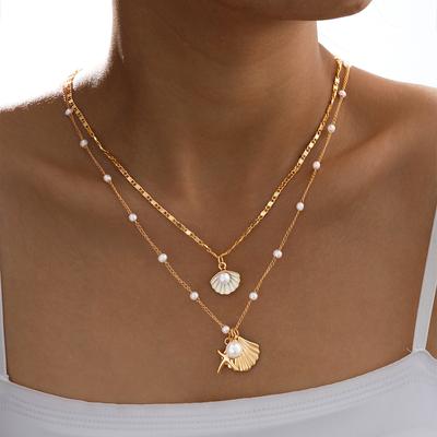 2PCS Women's Starfish Shell Imitation Pearl Necklaces Elegant Gold Color Waterproof Pendant Necklace Copper Metal Beach Jewelry