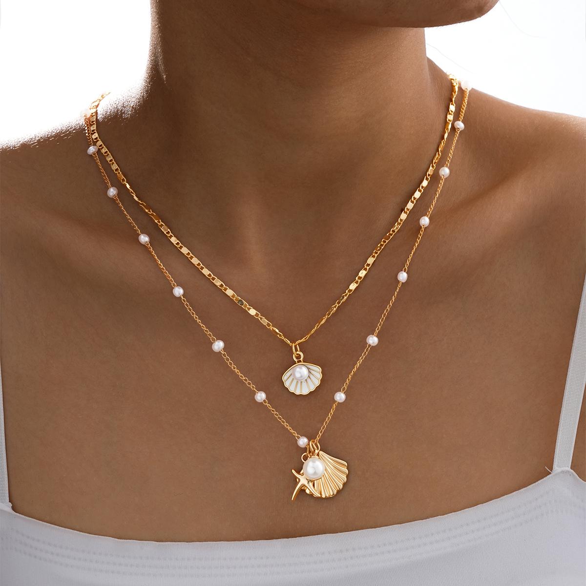 2PCS Women s Starfish Shell Imitation Pearl Necklaces Elegant Gold Color Waterproof Pendant Necklace Copper Metal Beach Jewelry