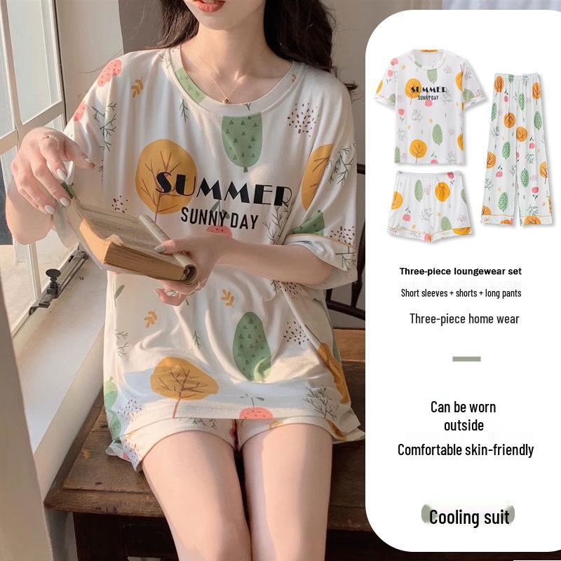 

Women s Japanese Pastoral Pajama Set: Summer Thin, Short Sleeve Three-Piece for Spring/Autumn XXL