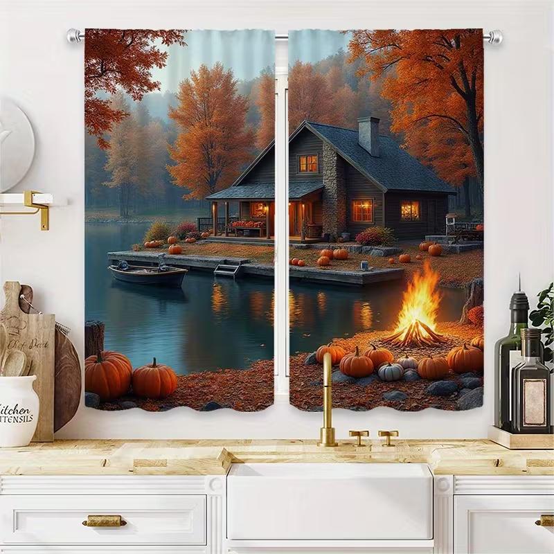 2 Stück Vorhänge mit Seelandschaftsdruck, geeignet für Schlafzimmer-, Wohnzimmer-, Küchendekoration, Heimdekoration, Fensterdekoration