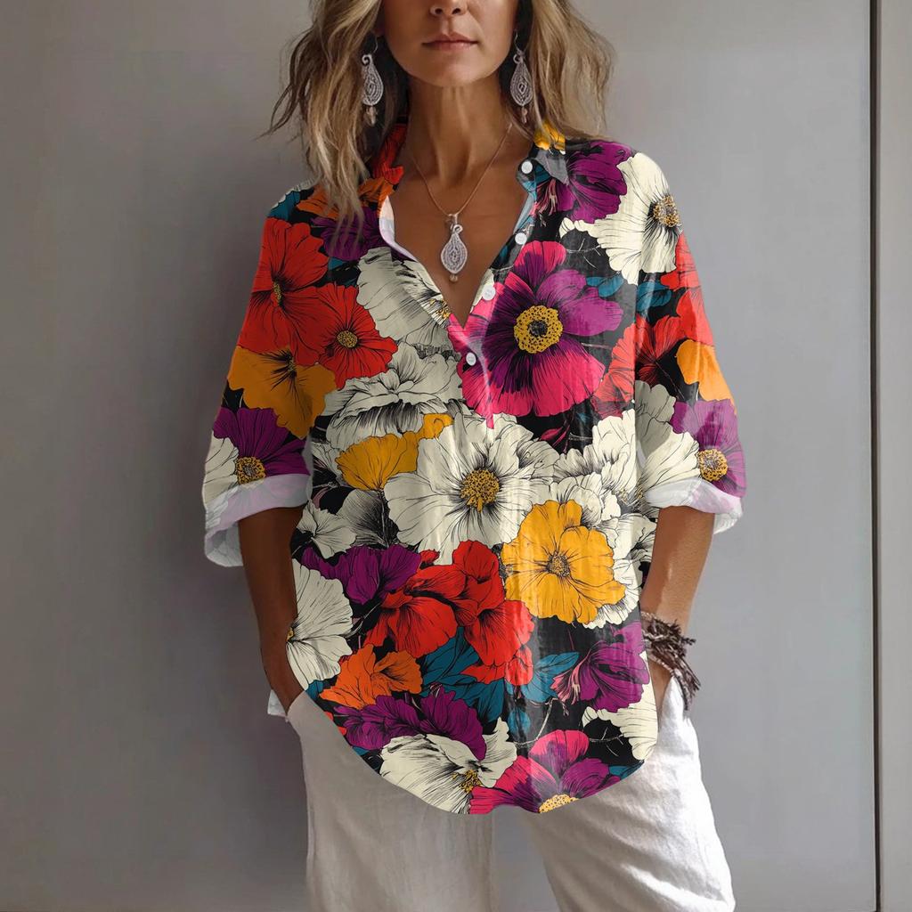 Women's Casual Spring And Summer Loose Printed Casual Sleeved Lapel Pullover Shirt