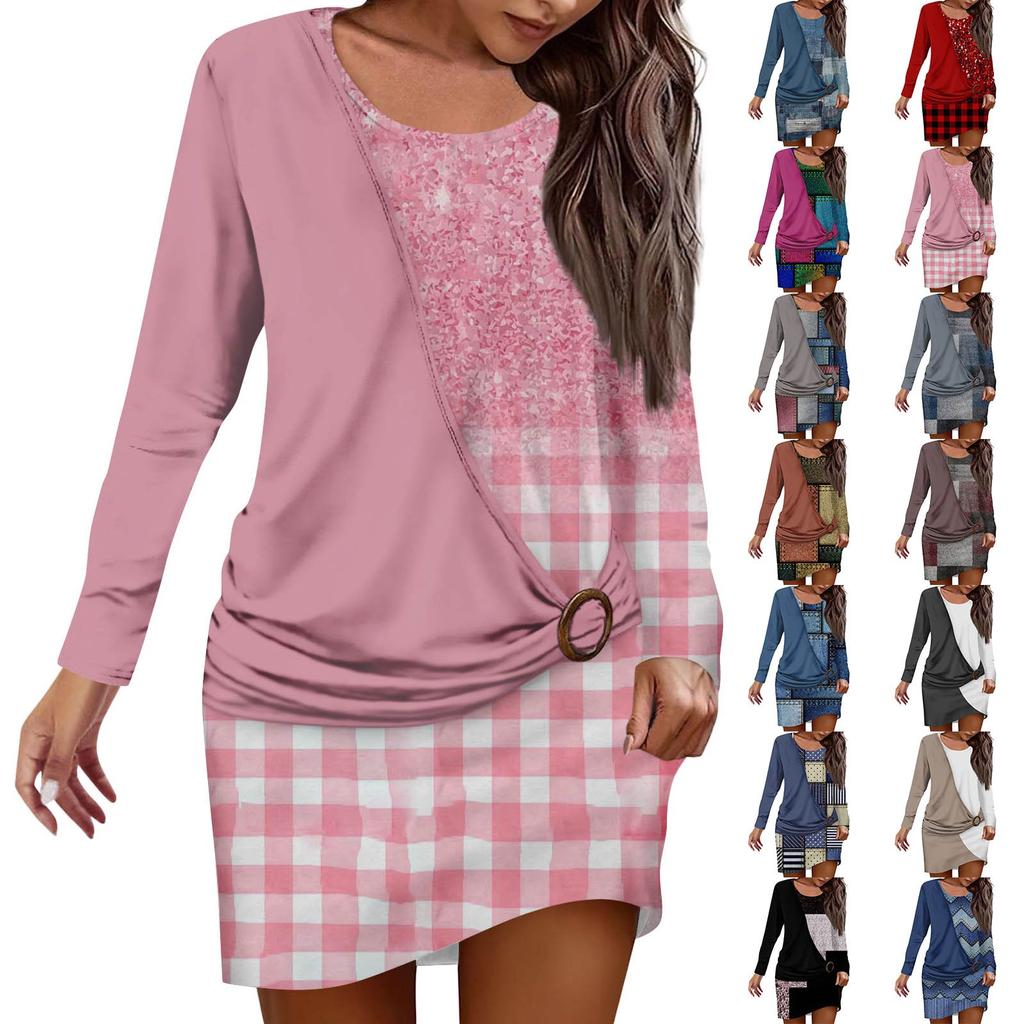 Women's Dress Sweatshirt Dress Print Fashion Loose CrewNeck Fake Two-Piece Stacked Patchwork Streetwear Outdoor Daily Long Sleeve Dress