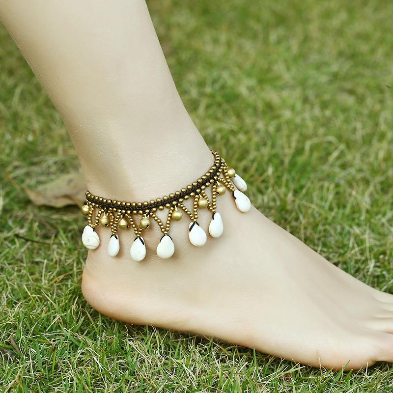 4 Colors Women Vintage Nature Stone Anklets Chains ,New Handmade Braided Ethnic Foot Chains ,Fashion Brass Bells Ethnic Anklets