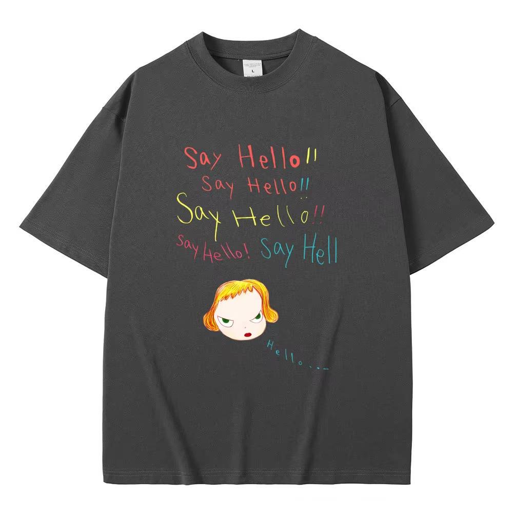 Yoshitomo Nara Sag Hallo Lustige Meme T-Shirts Sommer Unisex Unisex Lässiges Übergroßes T-Shirt Unisex Y2k Kunst Ästhetische T-Shirts
