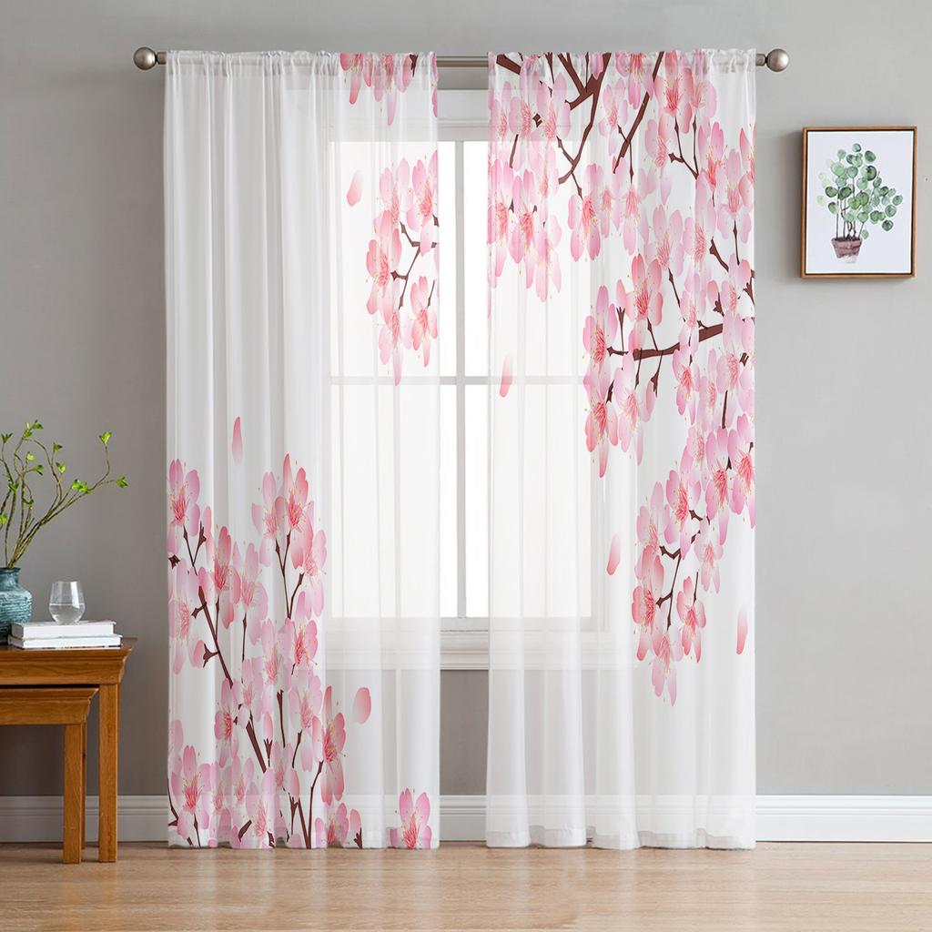 Pink Flower Cherry Blossoms White Tulle Curtains for Living Room Bedroom Decoration Chiffon Sheer Voile Kitchen Window Curtain
