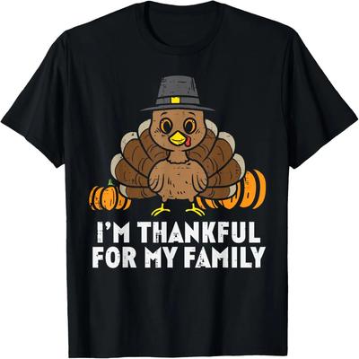 Pilgrim Turkey Im Thankful For My Family Cute Thanksgiving T-Shirt