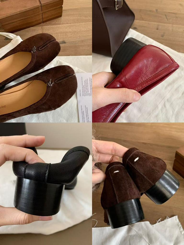 Sheepskin~ Grape Ma Same 4cm Genuine Leather Pig's Trotters High Heels Women's Pleated Ballet Light Mouth Single Shoes Thick Heel Split Toe Shoes