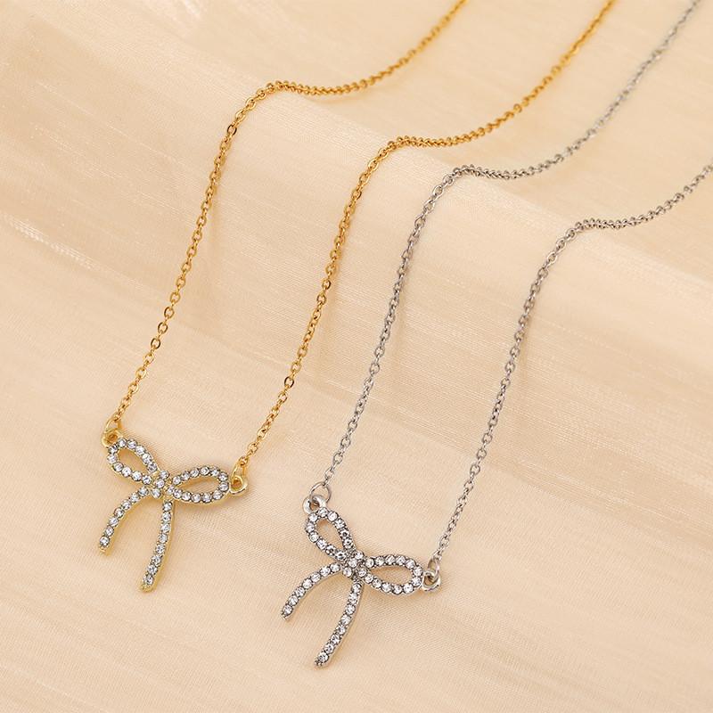 Chic Titanium Steel Bow Pendant Necklace For Women With Dazzling Diamond Inlay