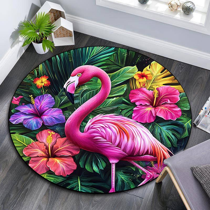 Flamingo Tropical Round Area Rug,Carpet Rug for Living Room Bedroom Sofa Playroom Decor,Non-slip Floor Mat