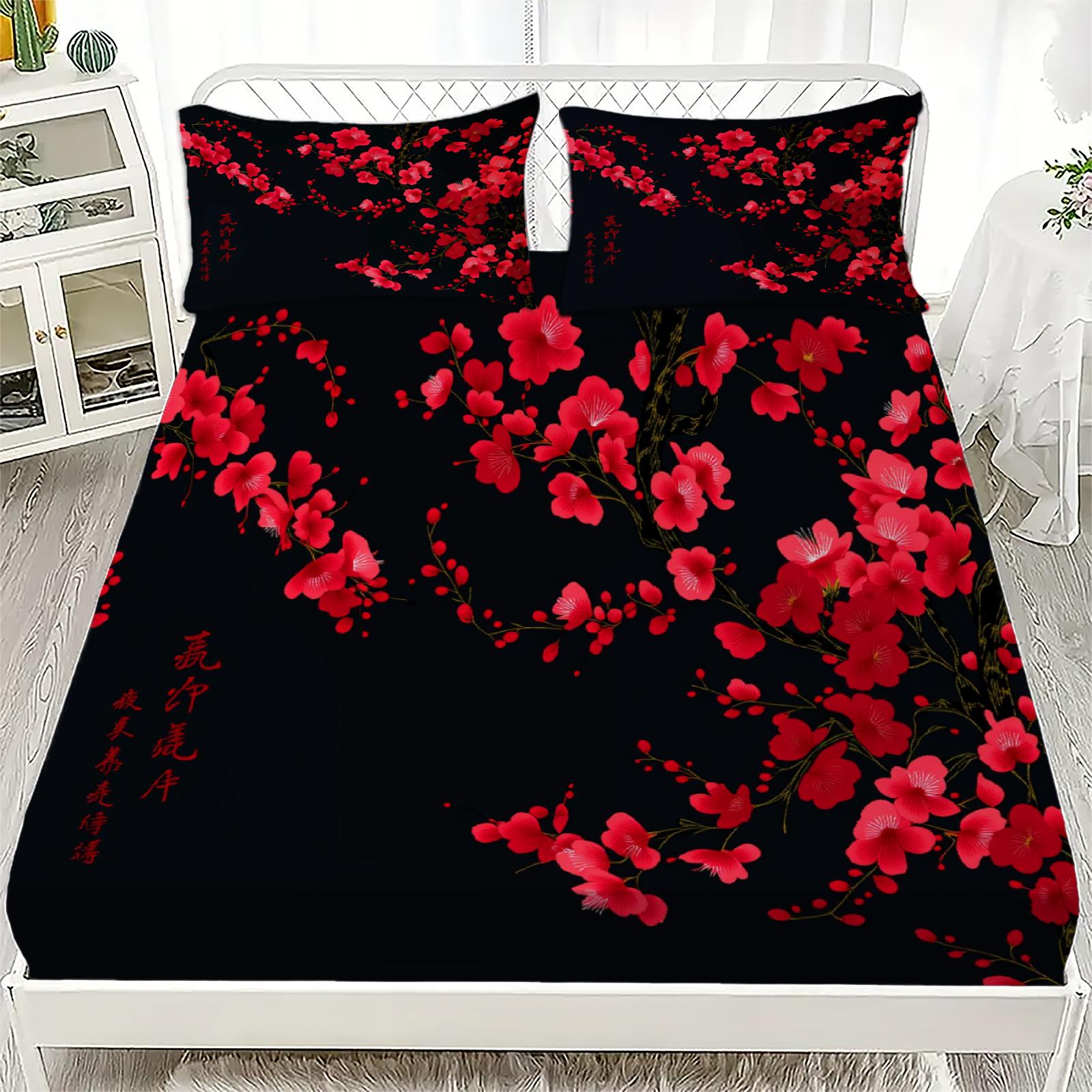 

3pcs Floral Flat Sheet 3D Printed Red Plum Blossom Fitted Sheet Sets With Pillowcases No Filling Minimalism Watercolor Style 153x203x25cm