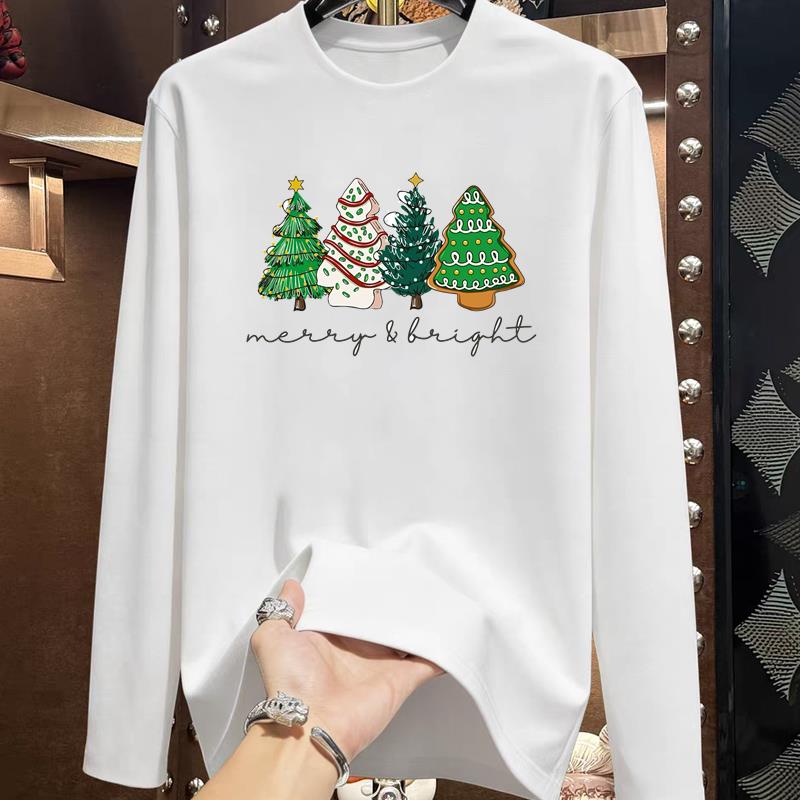 (Asian Size) Trend Cute Tree Christmas New Year Graphic Tee Print T Shirt Women Autumn Winter Casual Fashion Top Clothing Long Sleeve T-shirts
