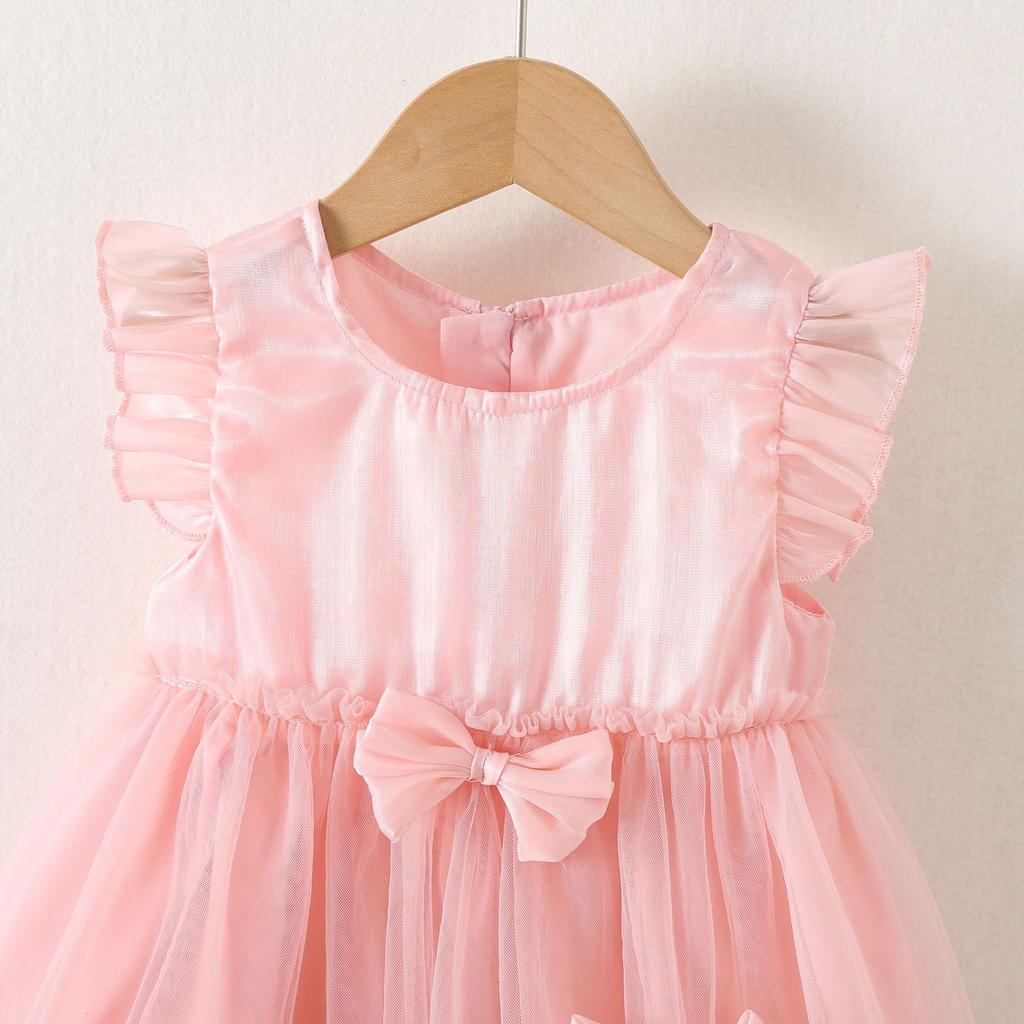 Girls' Fashionable Bow Tie Netted Chiffon Dress - Summer Children's Princess-style Dress