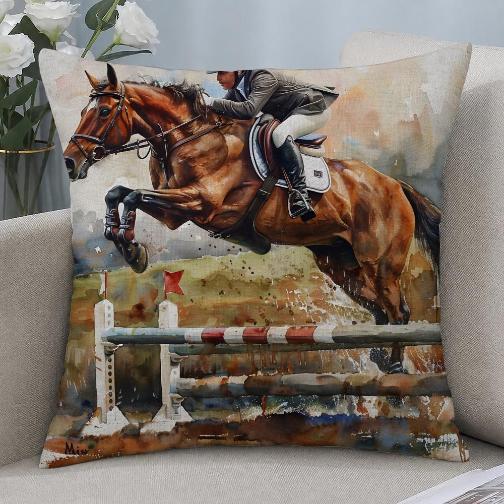 Art Rider Horse Painting Cushion Cover Cushion Covers Natural Linen Breathable Sofa Bedroom Decor Pillowcase