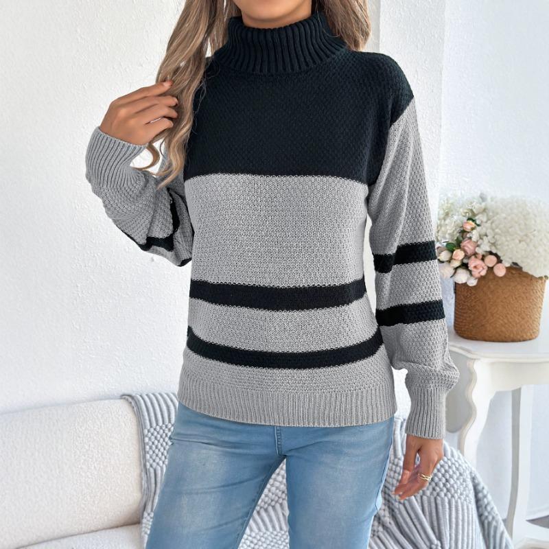 Women S Casual Striped Color Block High Neck Long Sleeve Sweater