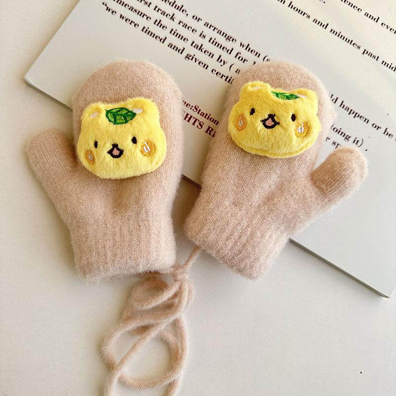 Neue Herbst- und Winter-Fingerhandschuhe für Kinder, Koreanische Version, Cartoon-Babyhandschuhe, Verdickt und Samt, Warm, Mit Nackenband, Fäustlinge