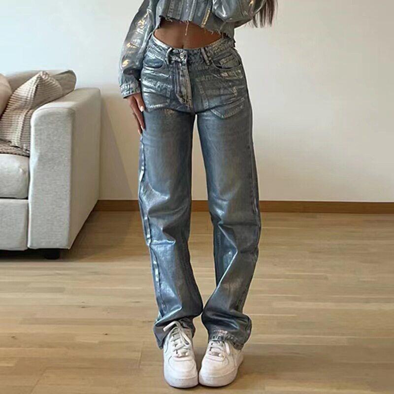 Hot Silver High Waisted Straight Leg Jeans Hot Silver Straight-leg Long Denim Blue S