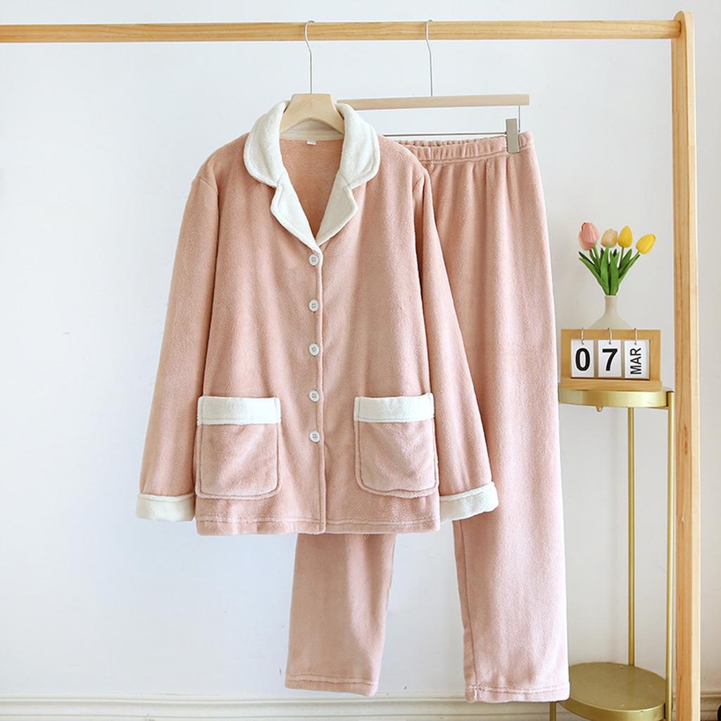Ladies' Casual And Comfortable Round Neck Warm And Plush Home Clothes Cardigan Sleepwear And Pants Set