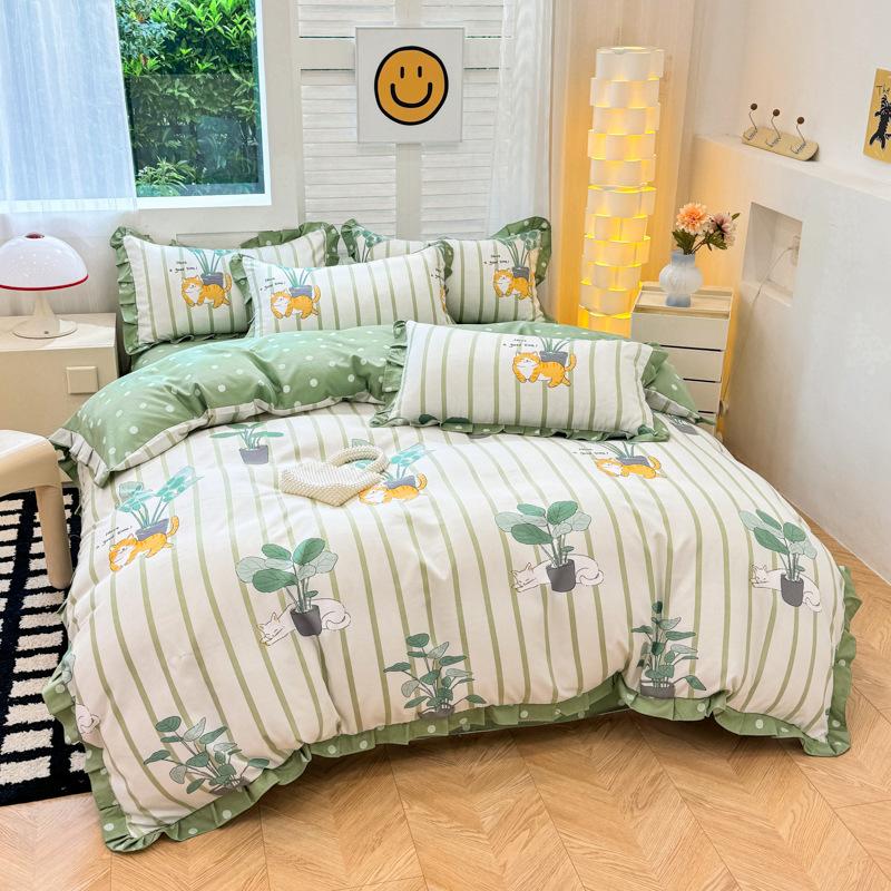 Korean Style Bed Skirt Four-piece Set Pure Cotton Edge Bed Sheet Thickened Plant Cashmere Brushed Skin-friendly Bedding