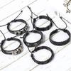 6pcs/set Black Color Punk Style Skulls Stars Handmade Leather Bracelets for Men and Women Personalized Trendy Party Jewelry