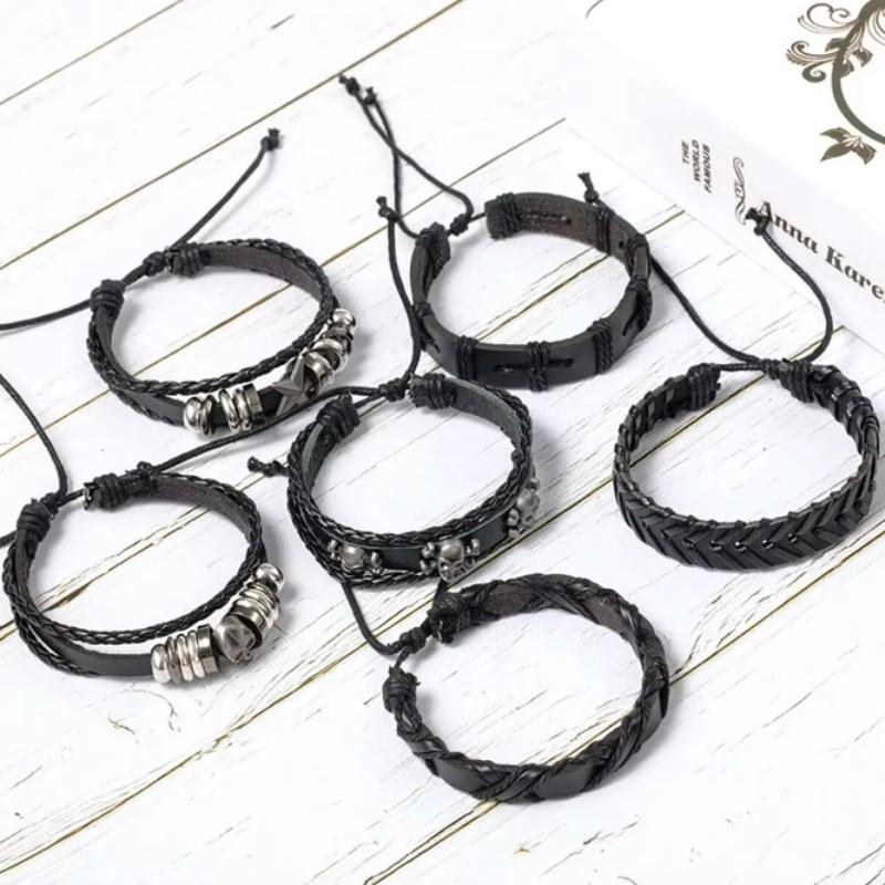 6pcs/set Black Color Punk Style Skulls Stars Handmade Leather Bracelets for Men and Women Personalized Trendy Party Jewelry