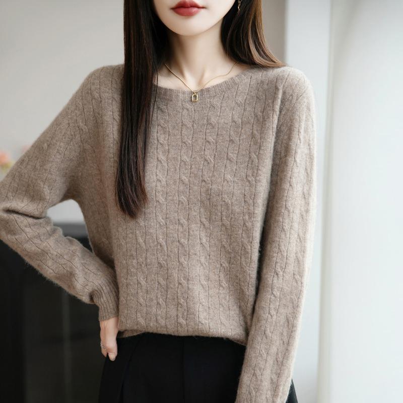 Casual Simple Women Fashion Sweater Round Neck Cable Knit Pullover Tops Loose Long Sleeve Pullover Base Layer Autumn Winter Comfortable Warm Knit Top