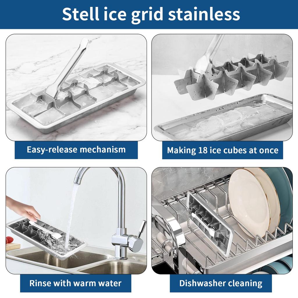 2Pcs Stainless Steel Ice Cube Trays with Lever 18/8 Metal Freezer Mold 18 Slots Reusable Bar  Kitchen Cocktail Ice Maker with Clips