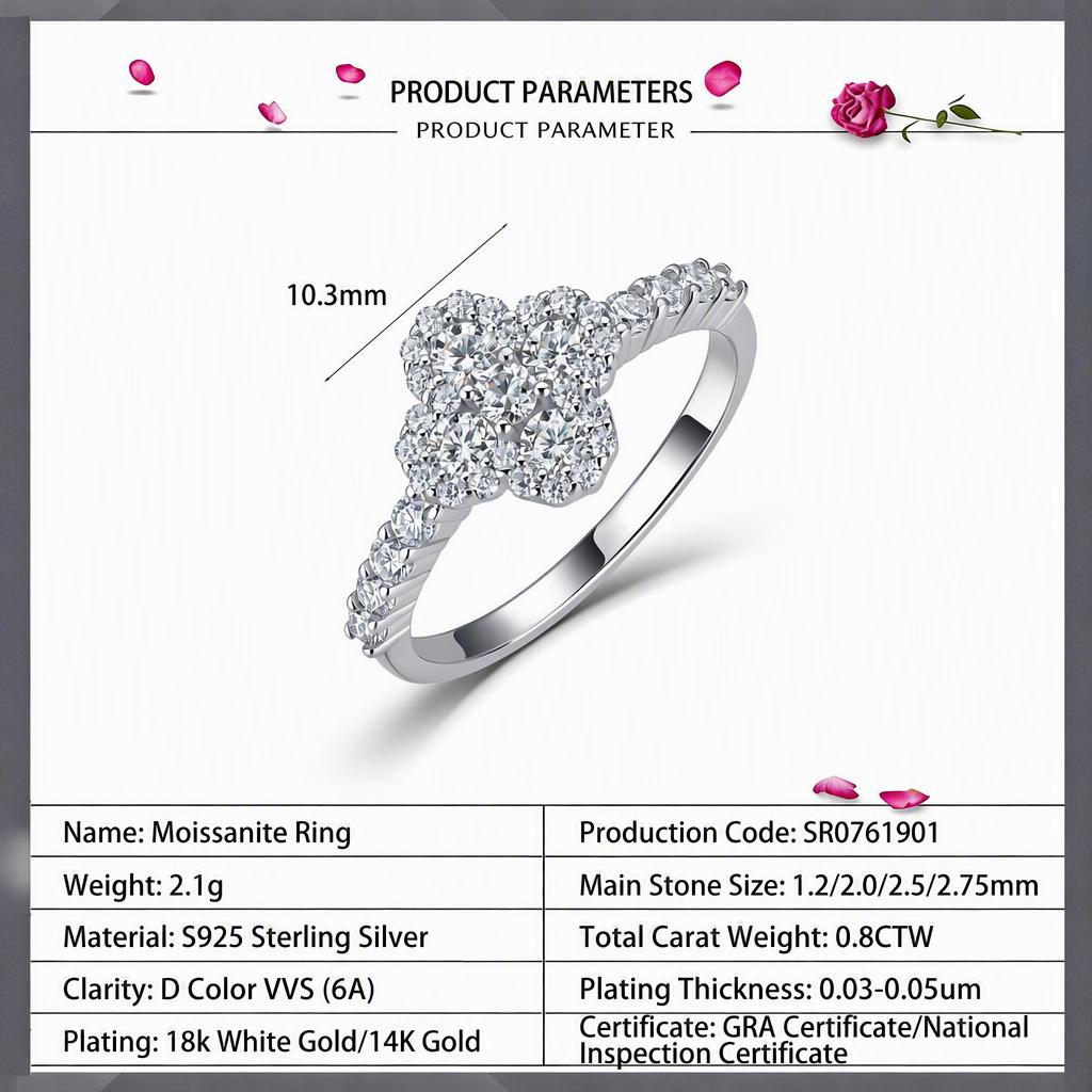 S925 Silver Gold-Inlaid Four-Leaf Clover Moissanite Pave Setting Ring Women Light-Luxury Floral Row Engagement Wedding GRA