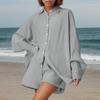 Women's Fashion Cardigan Solid Color Casual Pleated Long Sleeve Top Shorts Set