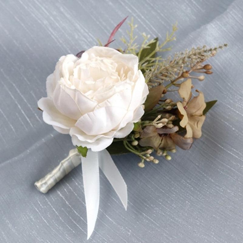 Romantics Champagne Wrist Corsage and Boutonniere Artificial Flower Set for Wedding Ceremonies Bridal Shower Flower