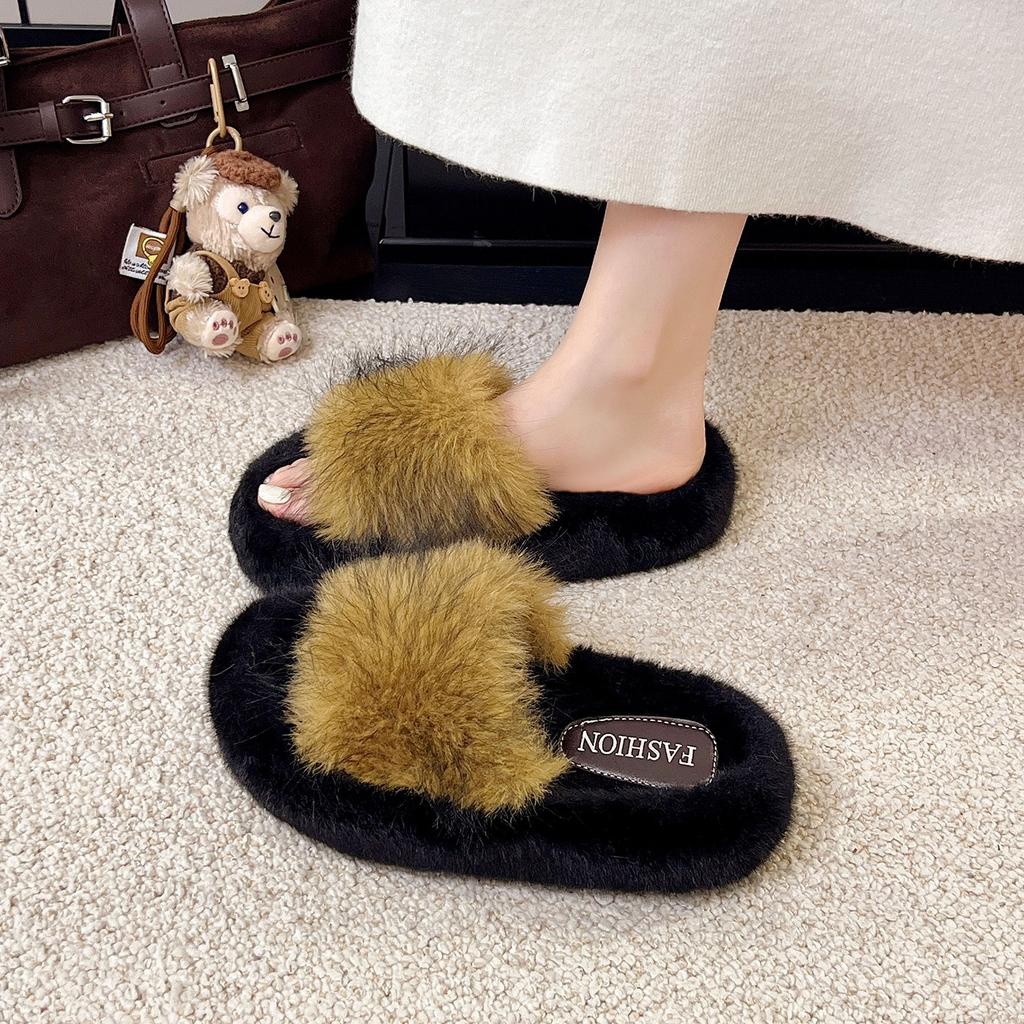 2025 New Mao Mao Slippers Women's Fashion Outer Wear Autumn and Winter Thick Bottom Word Super Fire Leisure Cotton Drag Tide Soft Skin-friendly