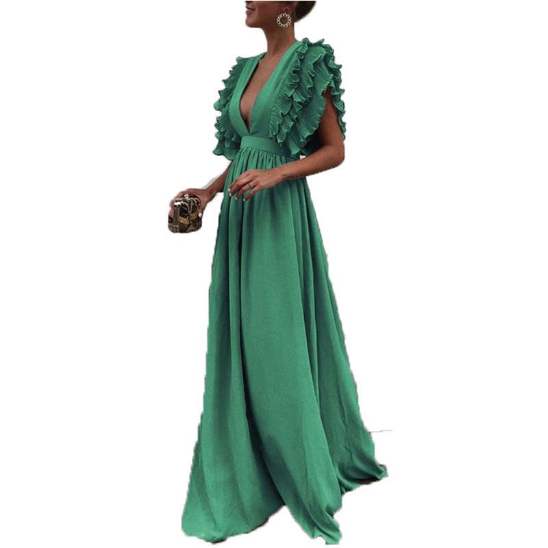 Evropské dámské dlouhé šaty s volánovými rukávy, výstřihem do V a odhalenými zády, 2022