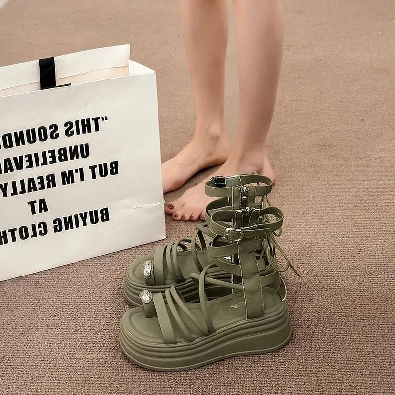 New Round Head Set Toe Women's Shoes Thick Soled Roman Sandals Tide Hollow Cold Boots Women