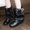 Fashion Retro Block Heel Western Booties Women Spring Summer New Square Toe Foot Metal Buckle Pleated Mid Cylinder Stack Boots