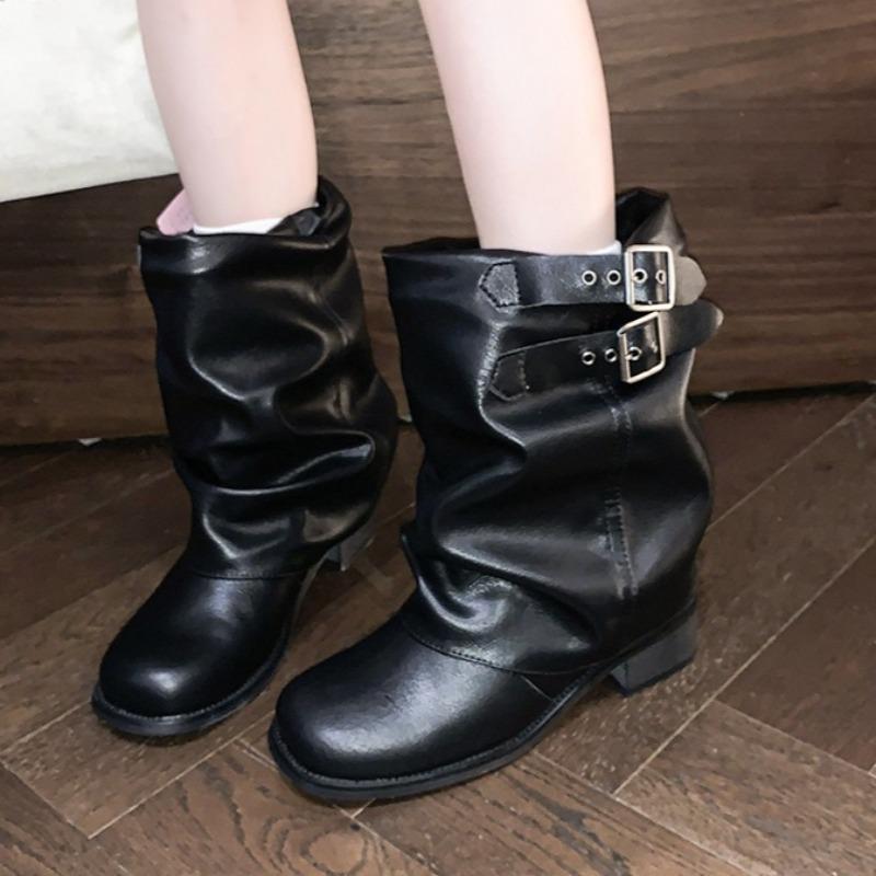 Retro Block Heel Western Booties Women Spring Summer New Square Toe Foot Metal Buckle Pleated Mid Cylinder Stack Boots