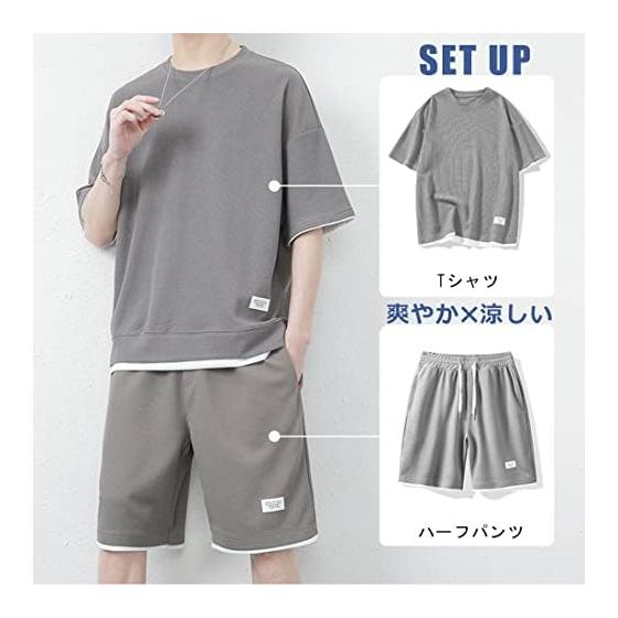 [Atkata] Men's T-shirt, Short Sleeve, Summer Clothes, Top and Bottom Set, Jersey, Men's Top and Bottom, Half Pants Setup, Men's, Loose, Faux Layered
