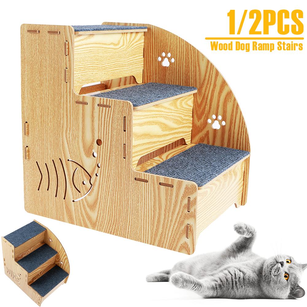 1/2Pcs Wood Dog Ramp Stairs 3 Tiers Pet Steps Non Slip Pet Stairs with Carpeted Fabric Sleek Pet Stairs Dogs Bed Pet Supplies