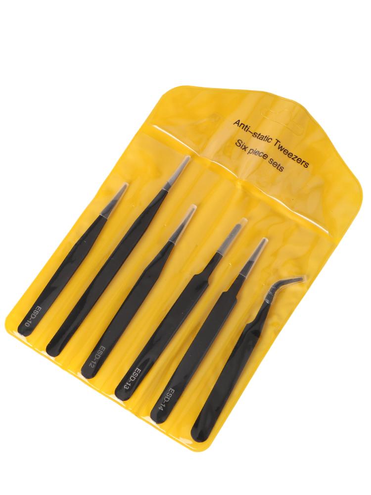 

Набор из 6 шт./набор Антистатические прецизионные промышленные пинцеты для ремонта Набор пинцетов для часов, ювелирных изделий, мобильных телефонов, электроники Нержавеющая сталь Изогнутый прямой наконечник 1 set