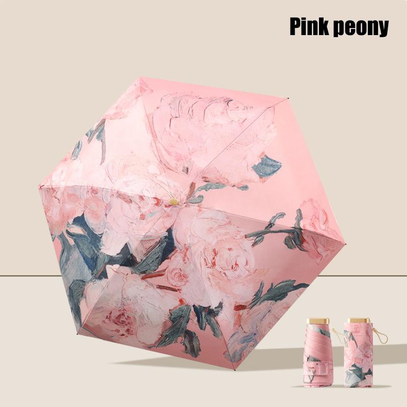 Oil Painting Sunscreen Parasol Outdoor Convinient Five Folding Umbrella With Uv Protection Portable Stylish Women'S Sun Umbrella