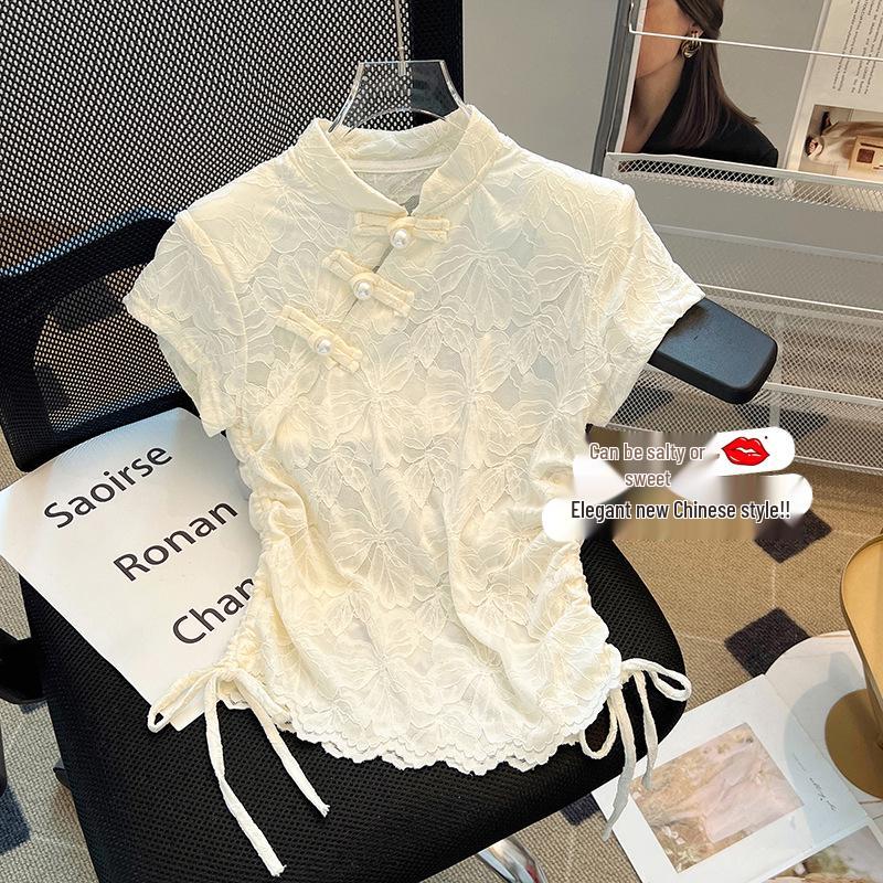 

Новая женская футболка в китайском стиле с ретро-пряжкой и прозрачными короткими рукавами, 2024 S бежевый